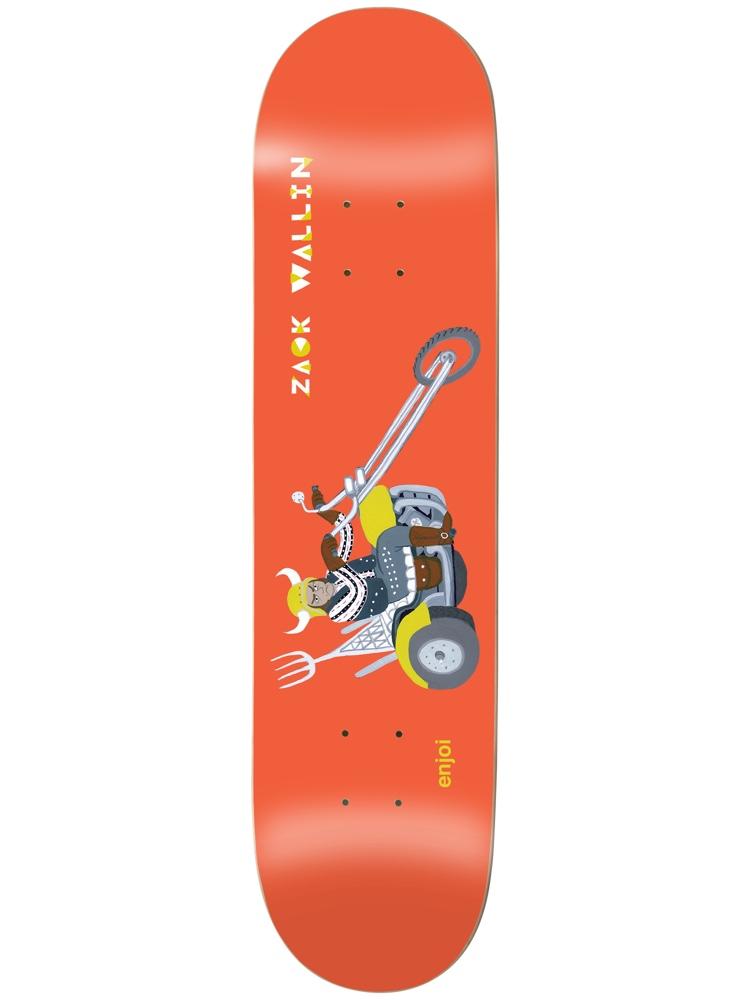 Enjoi Wallin Over Board skateboard deck: Orange deck with a cartoon horned viking-style character riding a chunky wheeled chopper with a pitchfork attached. Rider name in yellow lettering at the top.