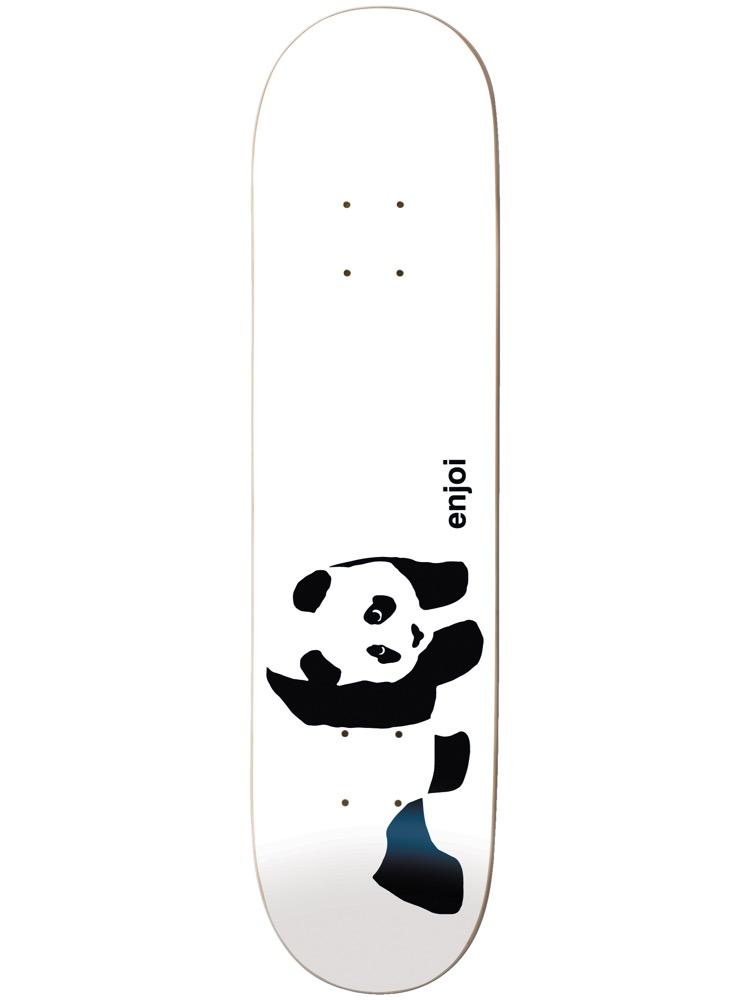 Enjoi Whitey Panda Logo skateboard deck: White deck with the black and white enjoi panda, a bear with a waving arm, crossing the lower half. A small enjoi wordmark runs vertically beside it.