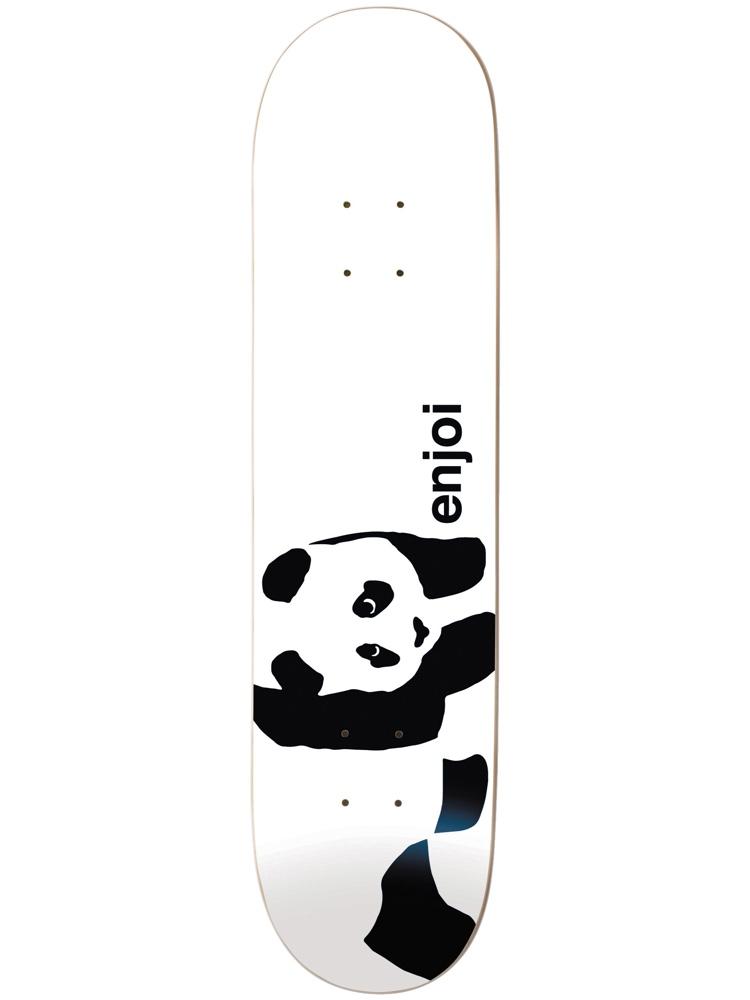 Enjoi Whitey Panda Logo Wide White skateboard deck: White deck with Enjoi's black panda logo, a big panda climbing in from the left edge and looking up, with 'enjoi' in lower-case black text above its shoulder.