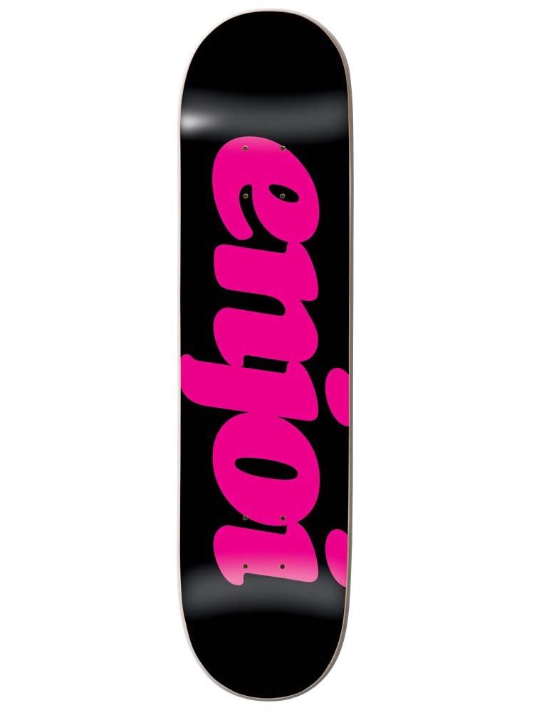 Enjoi flocked black skateboard deck: Black deck with the Enjoi logo in large bubbly hot pink lowercase script running down the length.