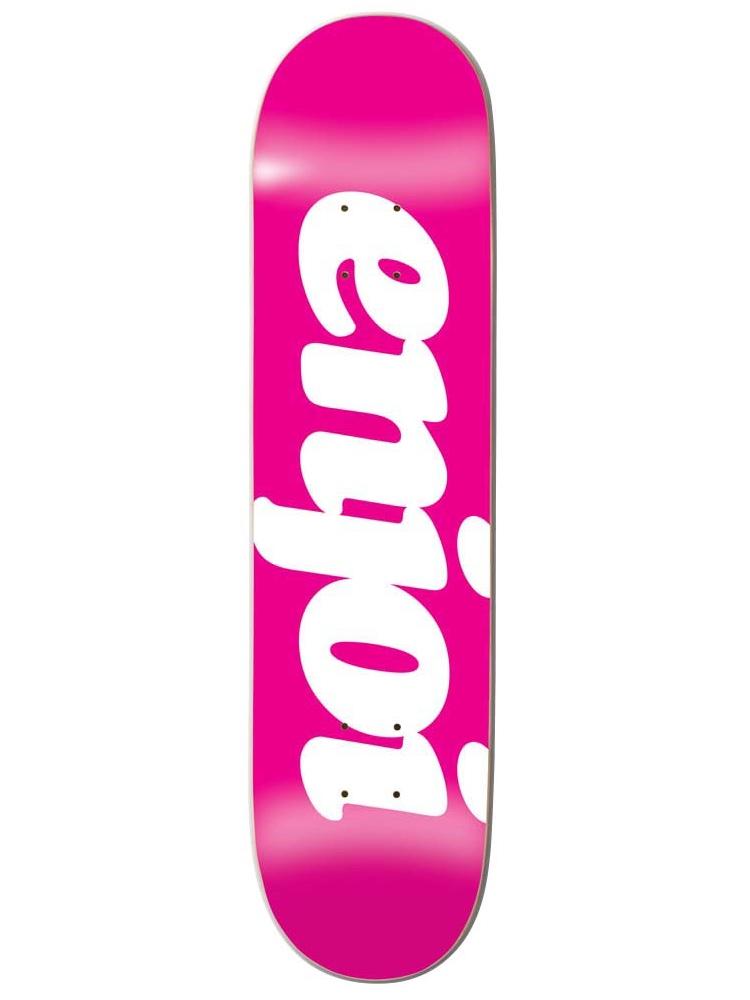 Enjoi flocked pink skateboard deck: A bright pink deck with the white Enjoi script logo in large lettering running up the length of the board.