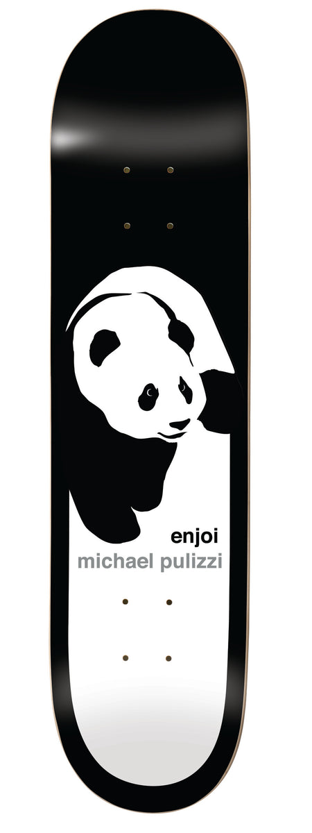 Enjoi pulizzi classic panda happy trees R7 8.25 & 8.5 skateboard deck: Enjoi's panda in black and white walking towards the viewer on a black deck with white lower section. Brand and rider names beneath the panda.