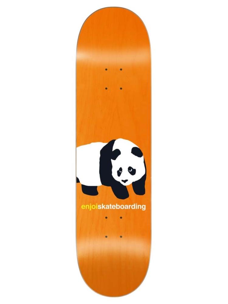 Enjoi peekaboo panda orange skateboard deck: The Enjoi panda, a black and white panda cub with a sad face, standing on an orange deck above enjoiskateboarding lettering with enjoi in yellow.
