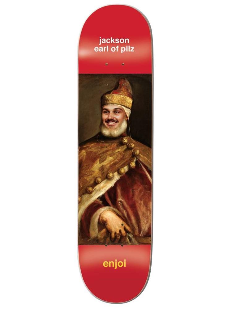 Enjoi pilz renaissance R7 skateboard deck: Renaissance-style oil portrait of a bearded man in a gold cap and ornate gold and red robes, smiling, set in a panel on a red deck with the caption above and the Enjoi logo below.