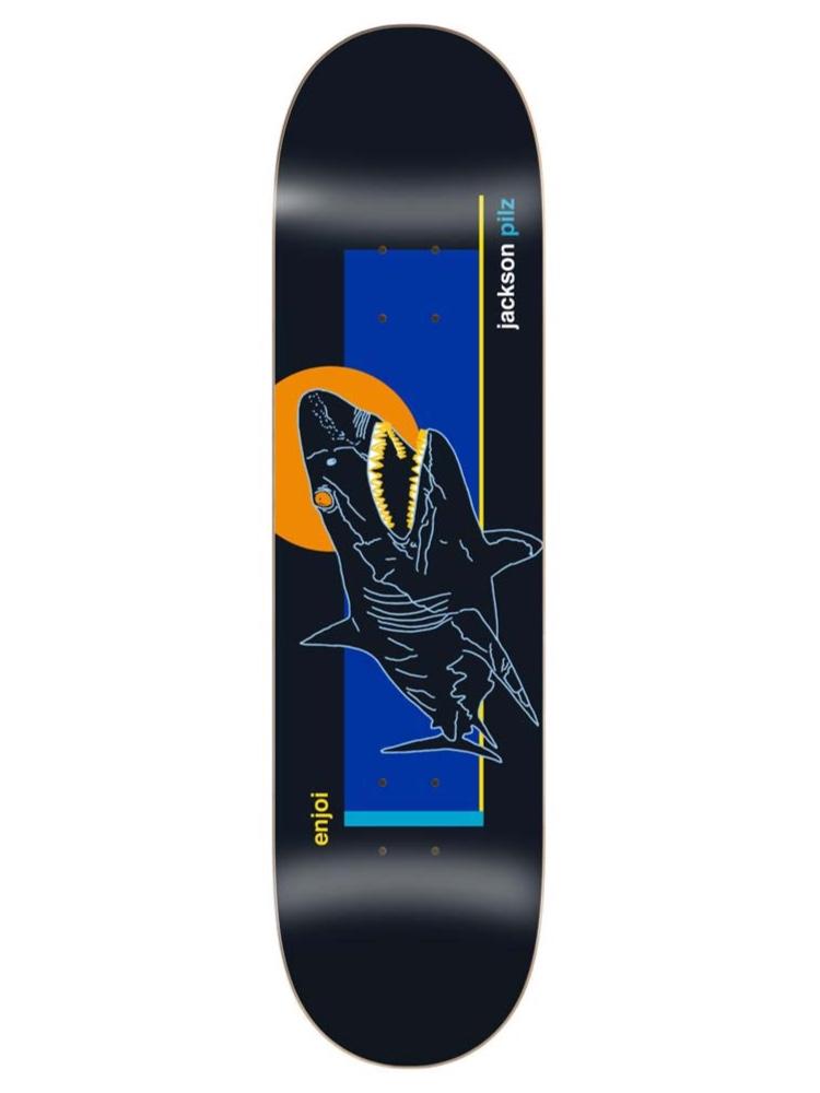 Enjoi pilz skart skateboard deck: Navy deck with a blue-outlined line drawing of a shark with open yellow-toothed jaws against an orange circle and a blue rectangle. Rider name runs vertically at the right and enjoi sits at the bottom left.