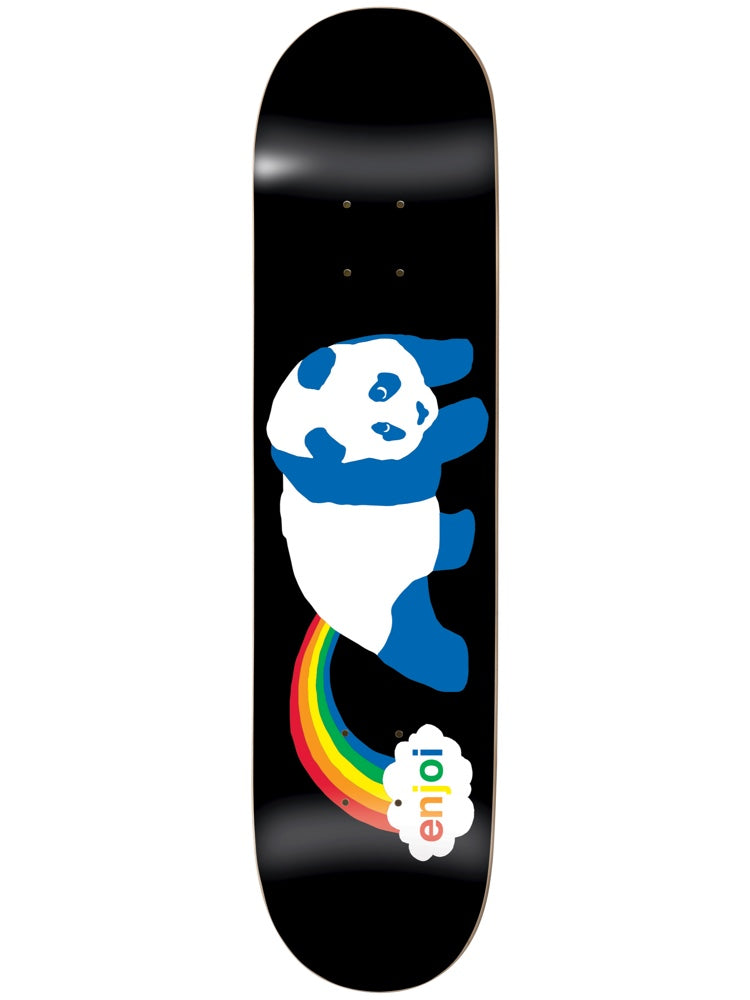 Enjoi Rainbow Fart 7.75 Black skateboard deck: Blue and white cartoon panda walking sideways with a rainbow trailing from its rear, ending in a cloud containing the enjoi logo in rainbow letters, on a plain black deck.