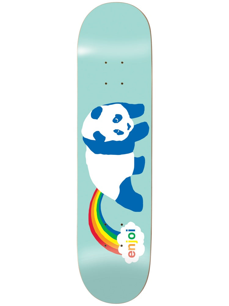Enjoi Rainbow Fart 8.25 Mint skateboard deck: Blue and white cartoon panda walking sideways with a rainbow trailing from its rear, ending in a cloud containing the enjoi logo in rainbow letters, on a plain mint green deck.