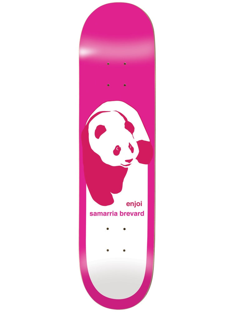 Enjoi Samarria Classic Panda Super Sap R7 8.0 & 8.5 skateboard deck: Hot pink deck with the classic Enjoi panda walking toward the viewer, drawn as a white and dark pink stencil-style silhouette on a white panel. Small pink text beside it gives the brand and rider name.