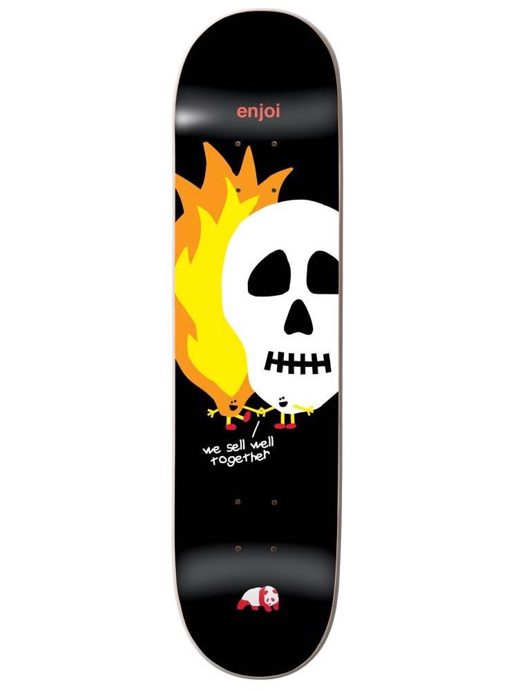 Enjoi skulls and flames black skateboard deck: A childlike drawing of a big white skull and a yellow-orange flame, each with tiny arms and red shoes, holding hands. Handwritten caption below reads 'we sell well together', with the small panda logo at the tail.
