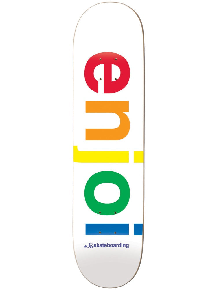 Enjoi Specturm R7 8.0 & 8.25 skateboard deck: White deck with the word enjoi in large lower-case letters running up the board, each letter a different spectrum colour: red, orange, yellow, green and blue. Small panda logo and 'skateboarding' text near the tail.