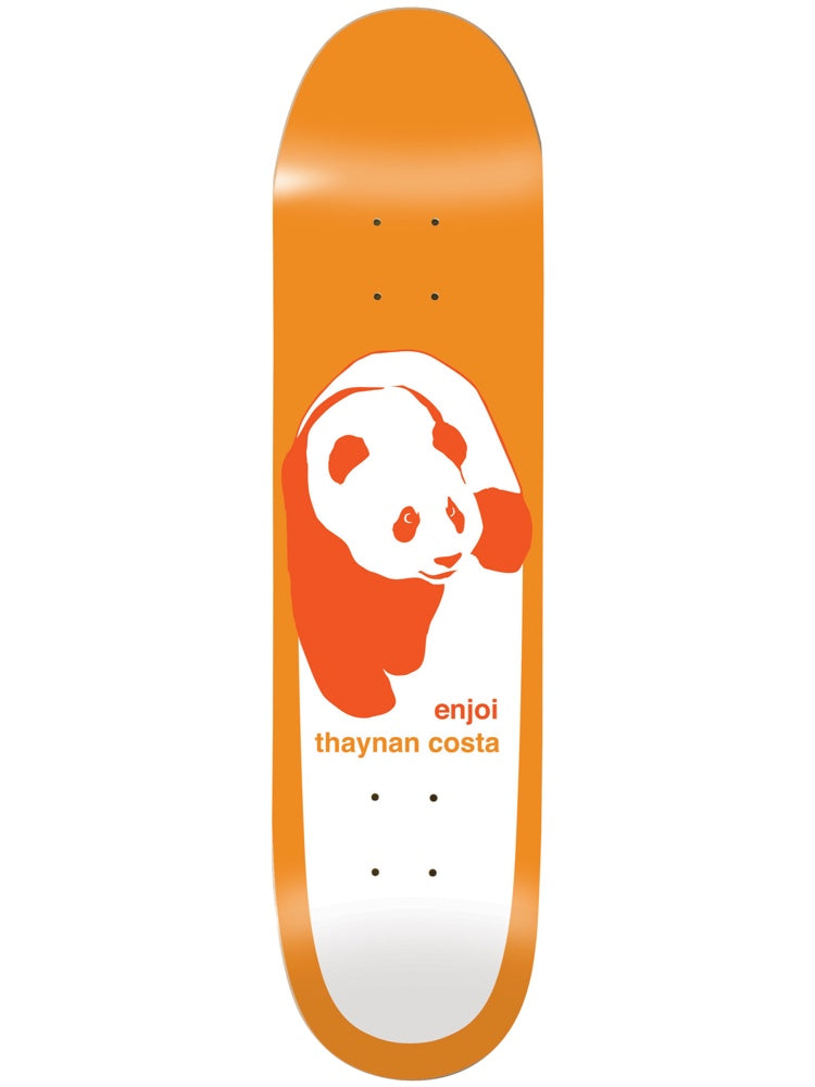 Enjoi Thaynan Classic Panda Super Sap R7 8.25 & 8.75 skateboard deck: A large white and red-orange panda silhouette, seen from above, on a bright orange deck with a white panel behind it. Small orange text sits beneath the panda.