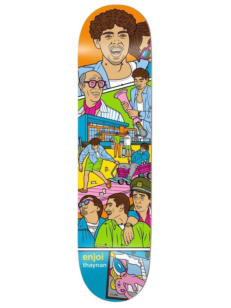 Enjoi thaynan weekend at louies skateboard deck: Colourful comic-style collage of scenes from a film: a laughing curly-haired man at the top, an older man in pink glasses, a supermarket front with a trolley chase, and three men in green and blue at the bottom.
