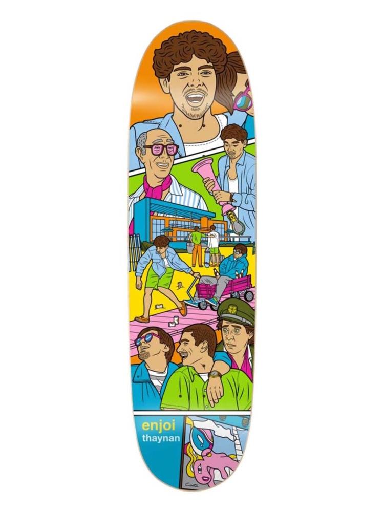 Enjoi thaynan weekend at louies shaped skateboard deck: Colourful comic-style collage of scenes from a film: a laughing curly-haired man at the top, an older man in pink glasses, a supermarket front with a trolley chase, and three men in green and blue at the bottom. Shaped egg deck.