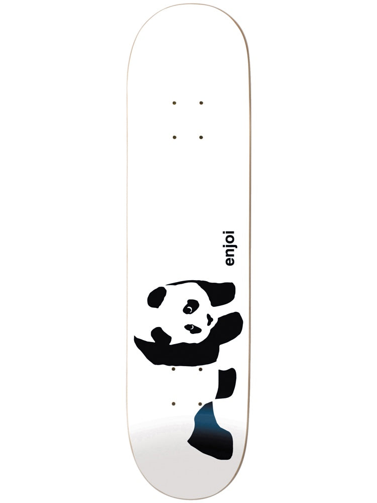 Enjoi Whitey Panda Logo Yth R7 7.5 skateboard deck: A black panda silhouette on a plain white deck, with a blue shaded patch on its rear leg. The enjoi name is printed vertically beside it.
