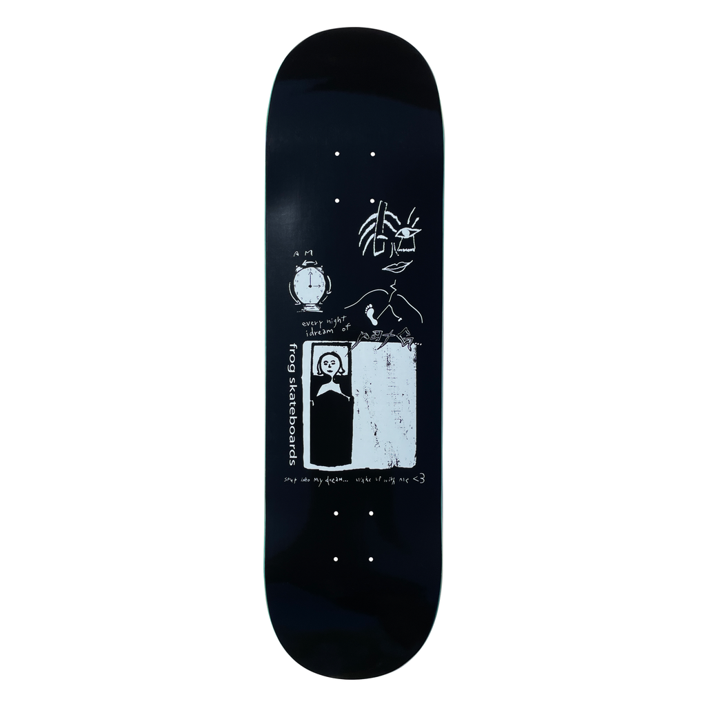 Frog 100 idream (Pat G) skateboard deck: Rough white line drawings on a black deck: an alarm clock, a woman's face and a person lying in bed, with handwritten dream-themed captions and a heart.