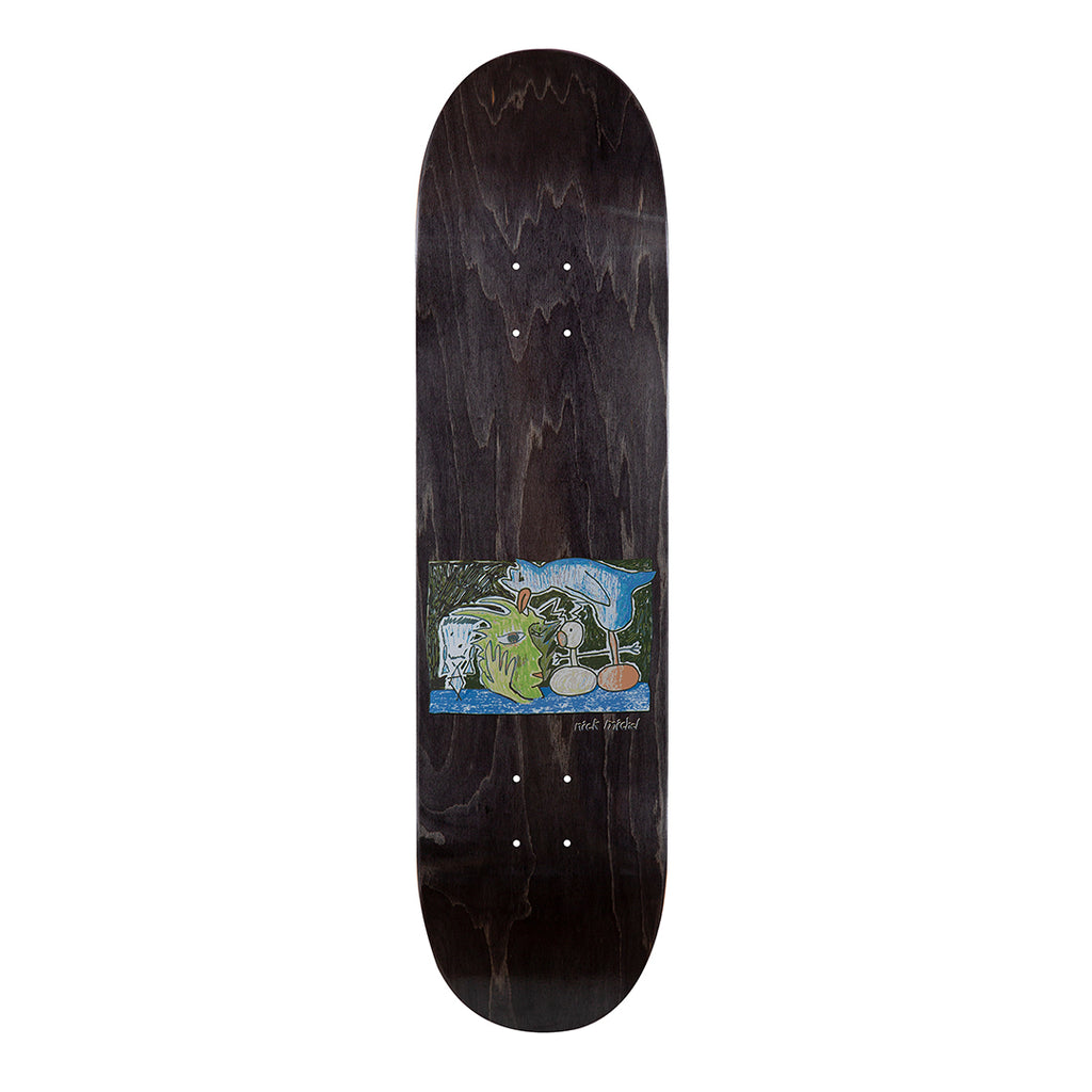 Frog Angry Owl - Nick Michel skateboard deck: Black stained deck with a small rectangular crayon-style painting at the centre of a green face with a hand on its cheek, a blue bird and two egg shapes on a blue water strip. Artist signature below.