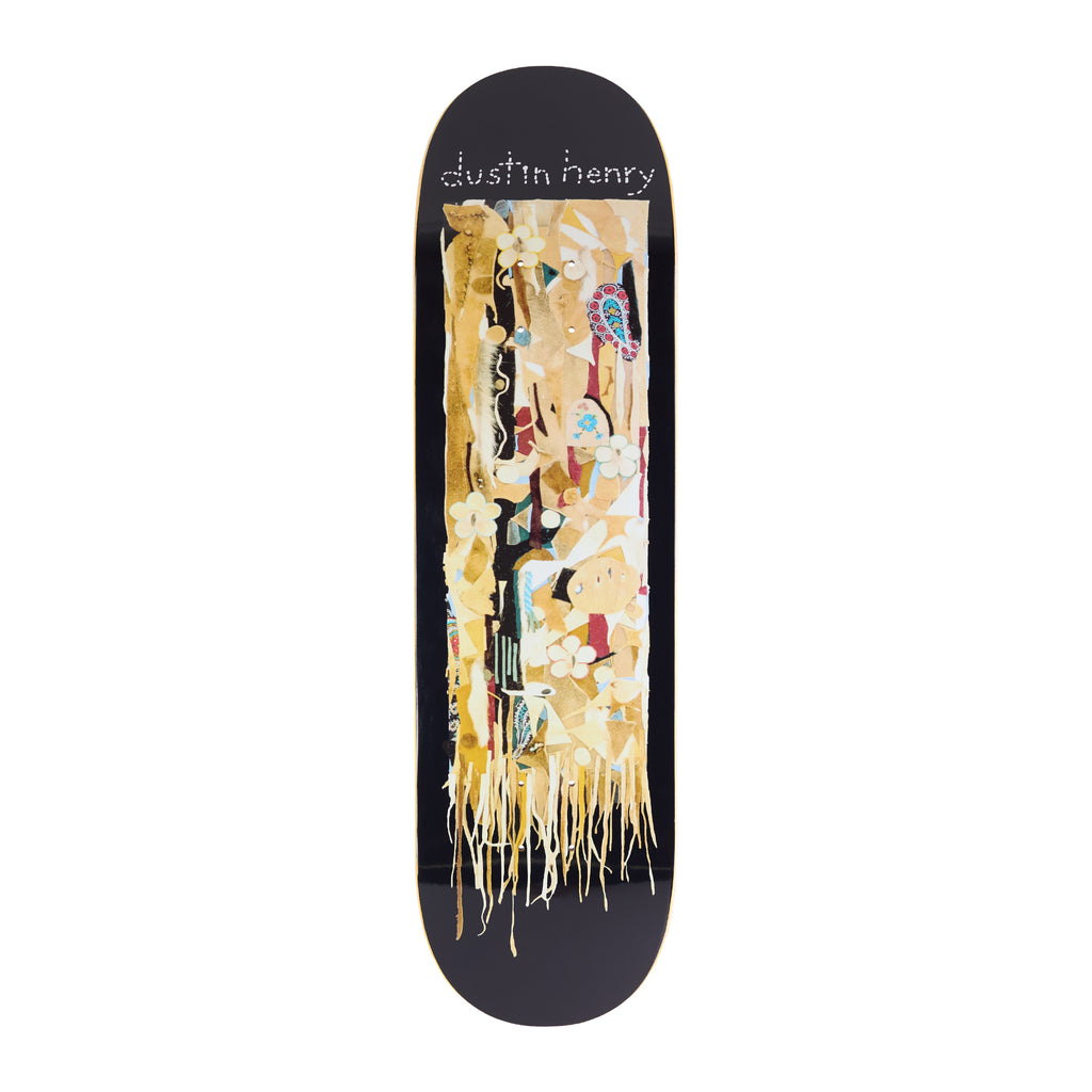 Frog Auntie (Dustin Henry) skateboard deck: Collage of torn paper, fabric and flower fragments in cream, gold and red, hanging with frayed threads in a tall panel, on a black deck. The rider's name is stitched in white thread at the top.