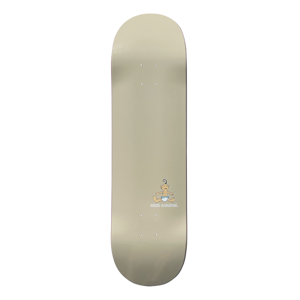 Frog Baby - Nick Michel (Beige) skateboard deck: A plain beige deck with a small cartoon baby in a nappy with a curl of hair sitting near the tail, with the rider's name written beside it.
