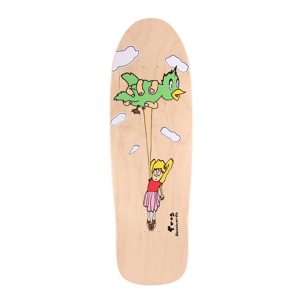 Frog Bird Girl (Pat G) skateboard deck: Cartoon on a natural maple shaped deck: a green bird held by a giant hand lifts a small blonde girl in a red top and pink skirt by a string, with white clouds around.