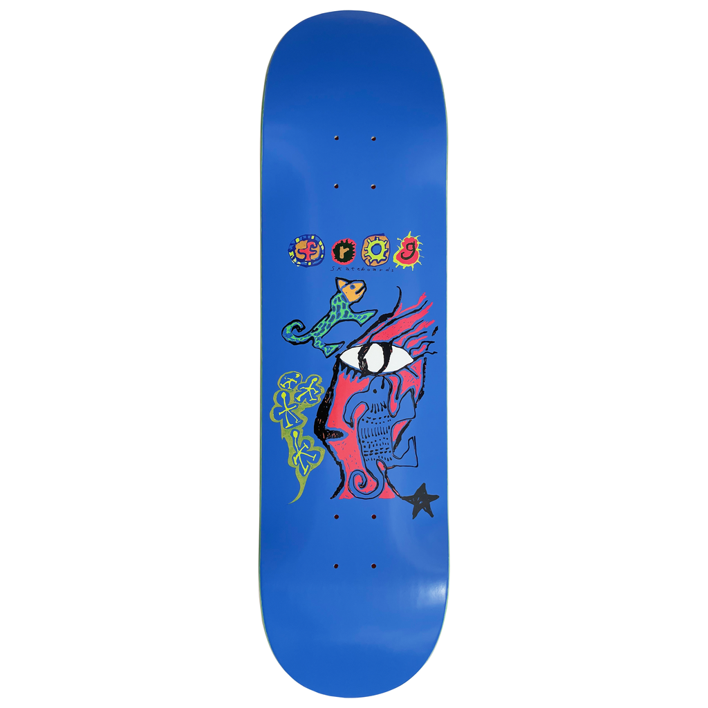 Frog Breath Of Stars 8.125 skateboard deck: Blue deck with a naive, scribbled artwork of a pink and red face with a large staring eye, a small spotted fish, green smoky shapes and a black star. Colourful Frog logo near the top.