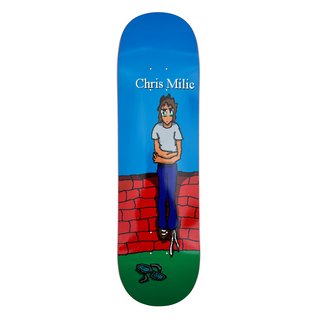 Frog Broken Glasses (Chris Milic) skateboard deck: Pixel-style drawing of a long-haired young man in a grey t-shirt and blue trousers leaning arms folded against a red brick wall, with a pair of broken glasses on green grass, under a blue sky.
