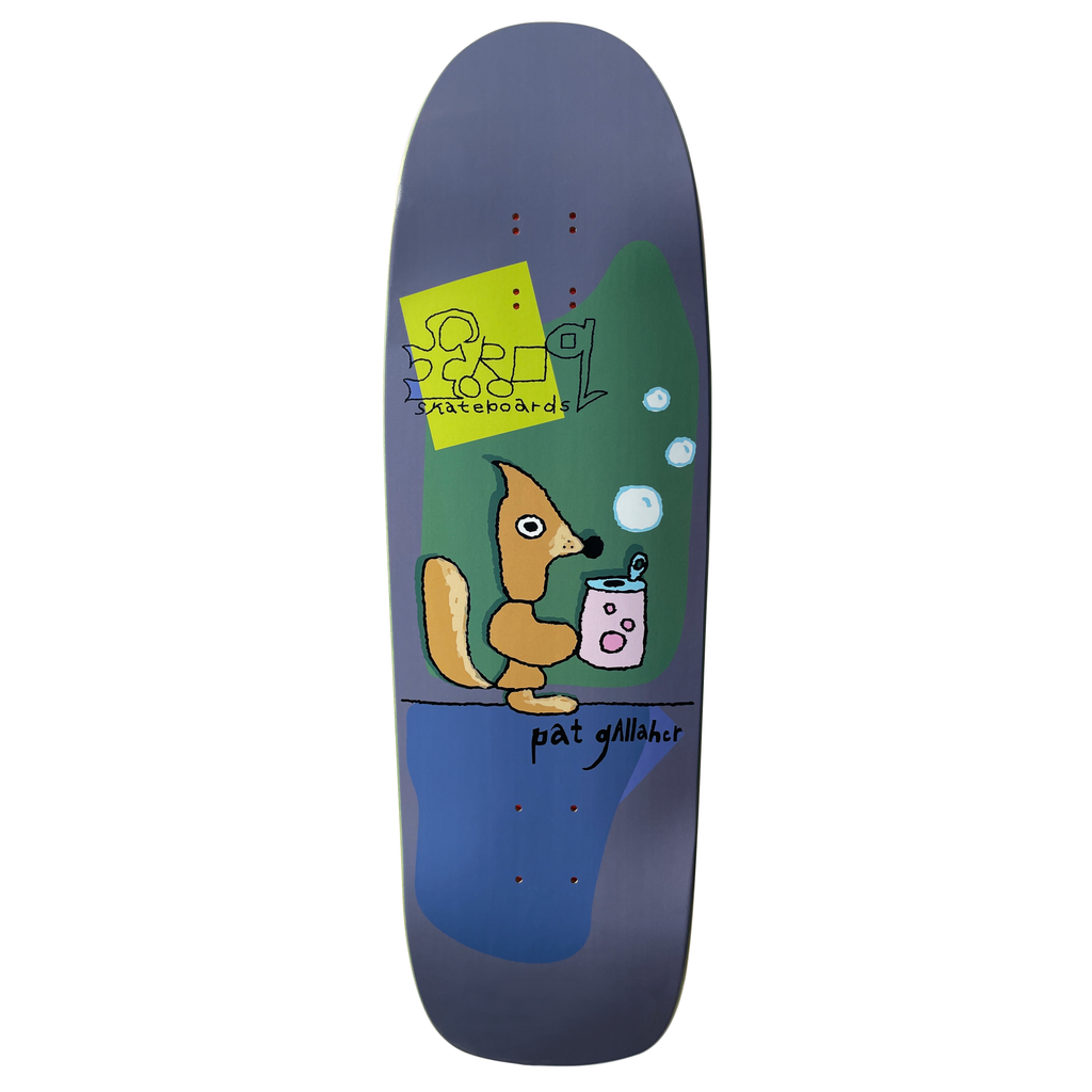 Frog Bubbly (Pat G) skateboard deck: Naive drawing of a brown fox-like animal sipping from a pink can with bubbles rising, against a green blob and blue patch on a purple-grey shaped deck. A yellow label with scribbled logo, Frog Skateboards and the rider name.