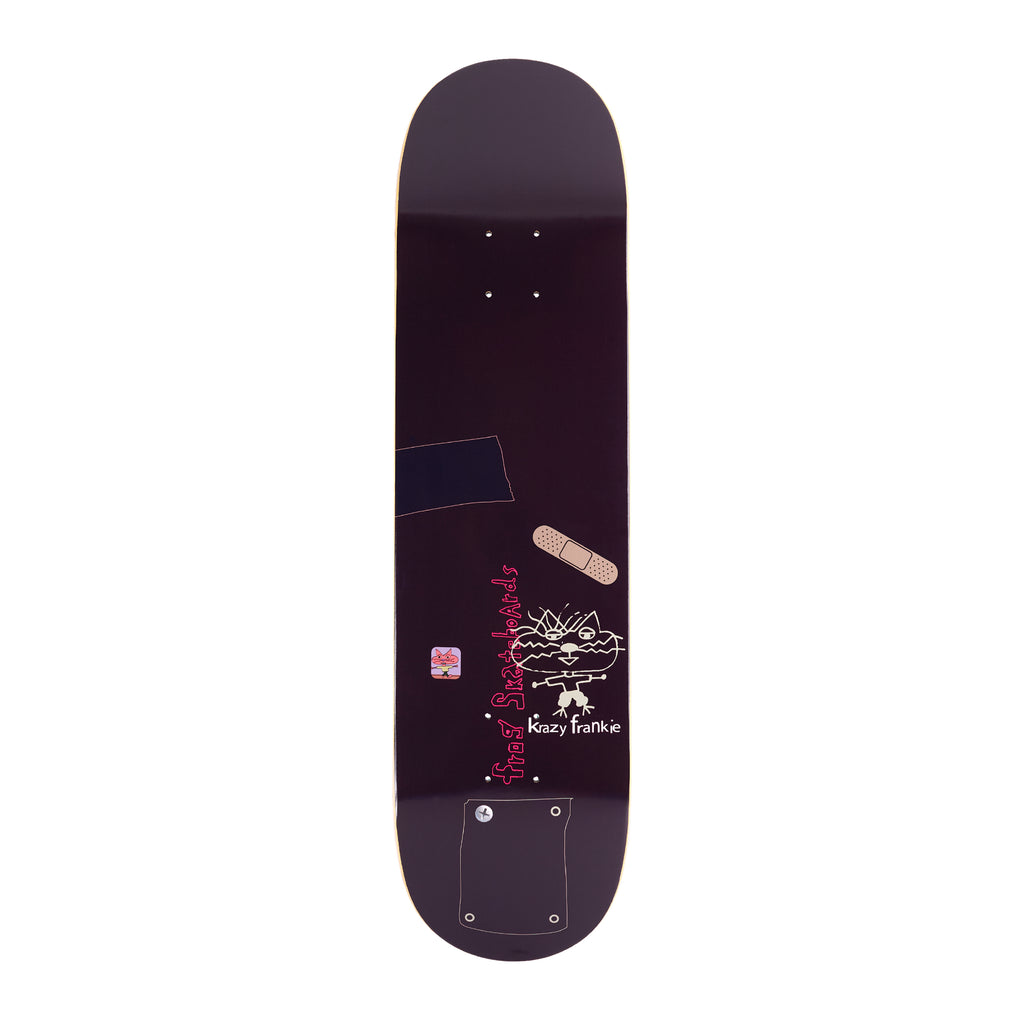 Frog Cat Daddy (Frankie Decker) skateboard deck: Dark aubergine deck with a childlike drawing of a cat-faced figure labelled Krazy Frankie, a plaster, a navy tape patch and a stitched pocket outline, with pink Frog Skateboards lettering.