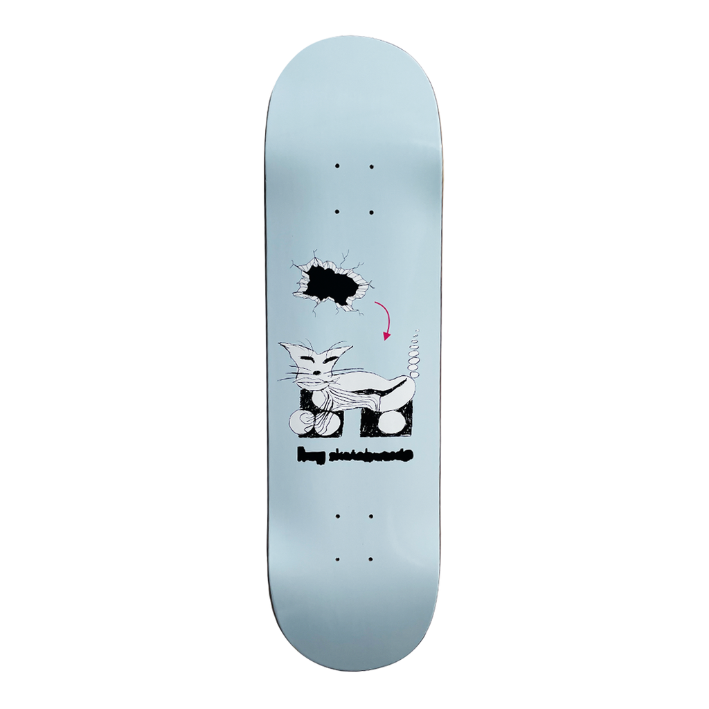 Frog Cat Escape! (Blue) skateboard deck: Line drawing of a white cat with yarn balls and a coiled tail, beside a hole smashed in a wall with a pink arrow pointing to it. Frog Skateboards text beneath on a pale blue deck.