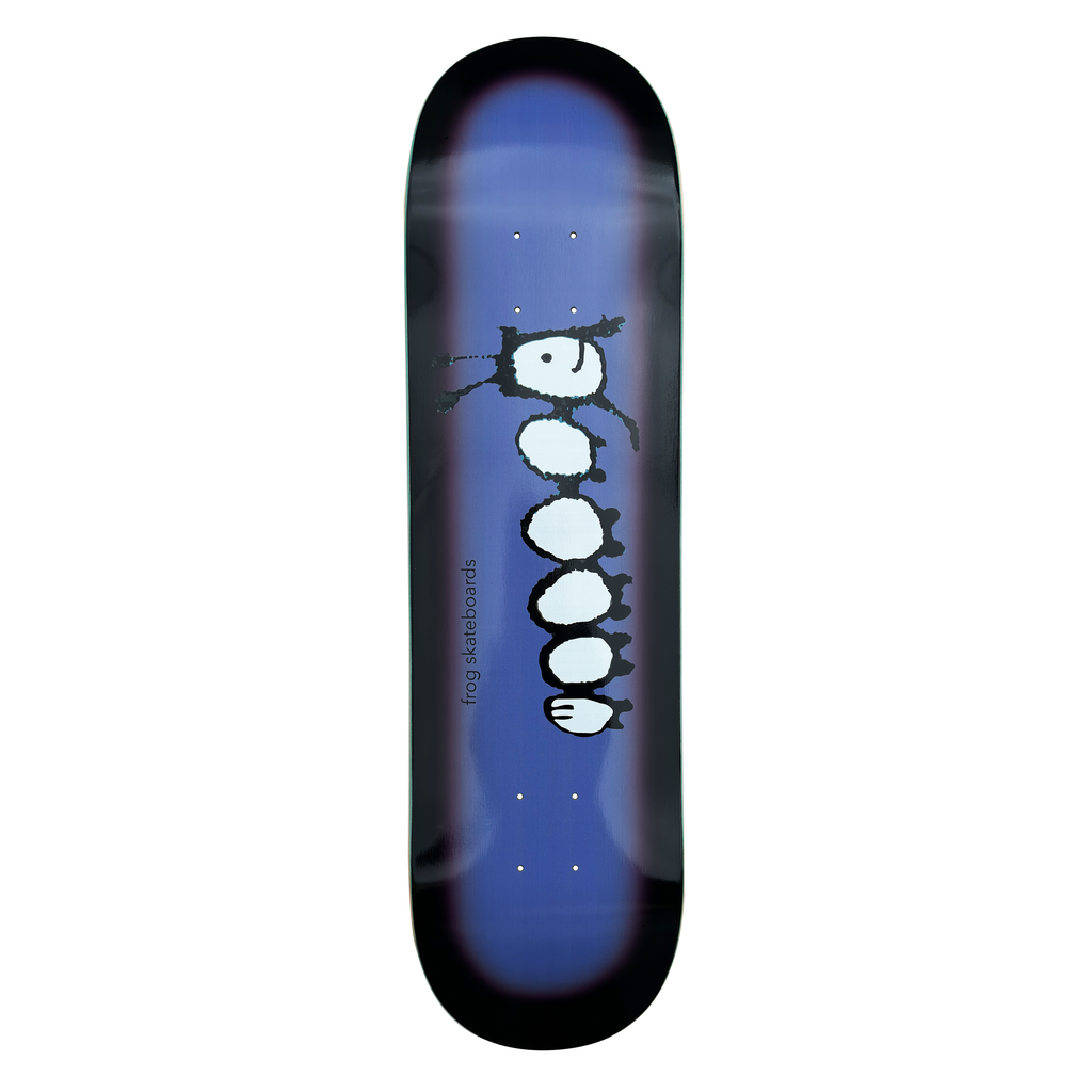 Frog Caterpillar skateboard deck: Blue deck with a dark vignette edge and a hand-drawn black-outlined caterpillar made of six white round segments with a face and stick arms. 'frog skateboards' runs up the side in small type.