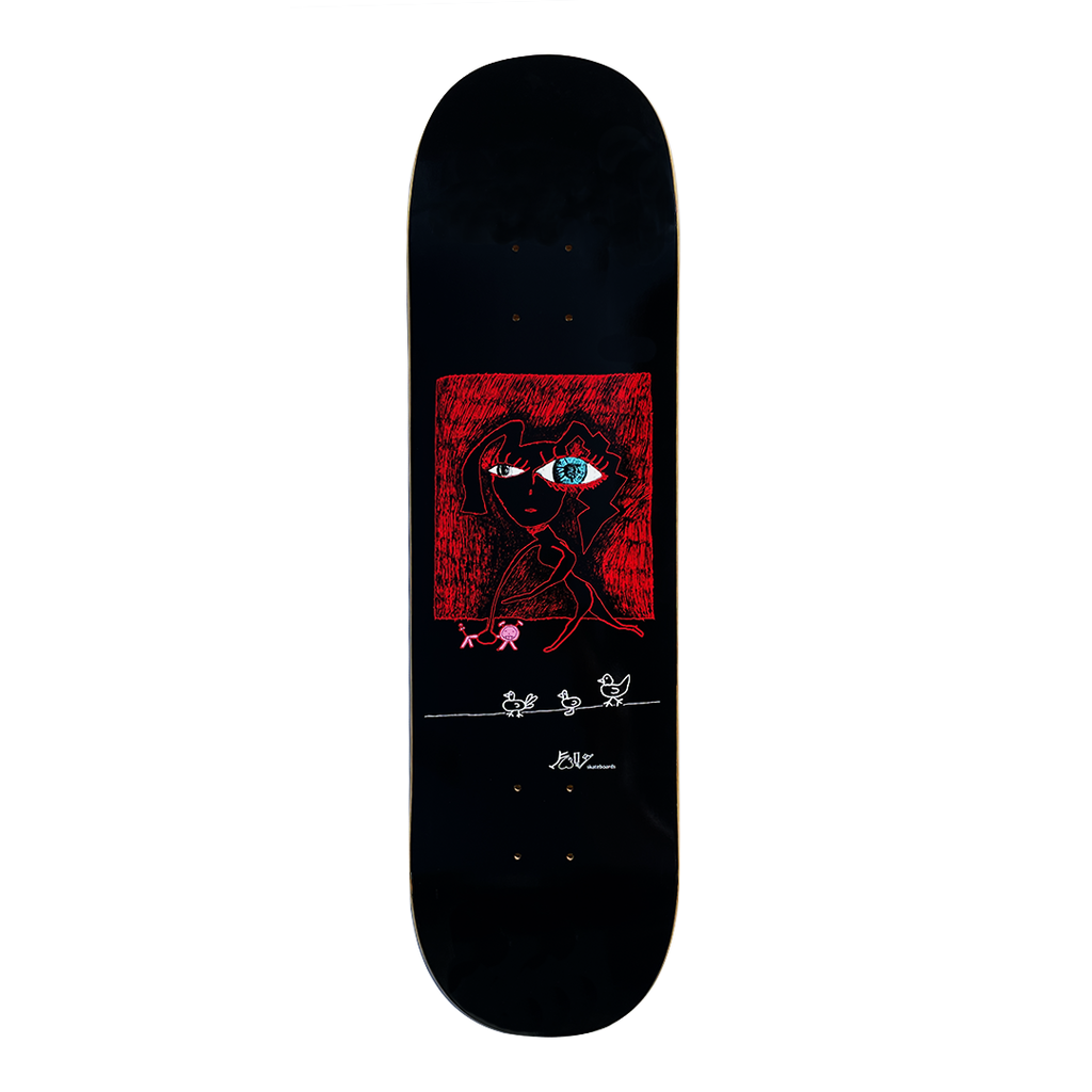 Frog Chickens (Black) skateboard deck: A red scribbled square holds a drawn woman's face with one large blue eye and a pink figure at her feet. Below, three small white chickens stand on a line above a signature and logo on a black deck.