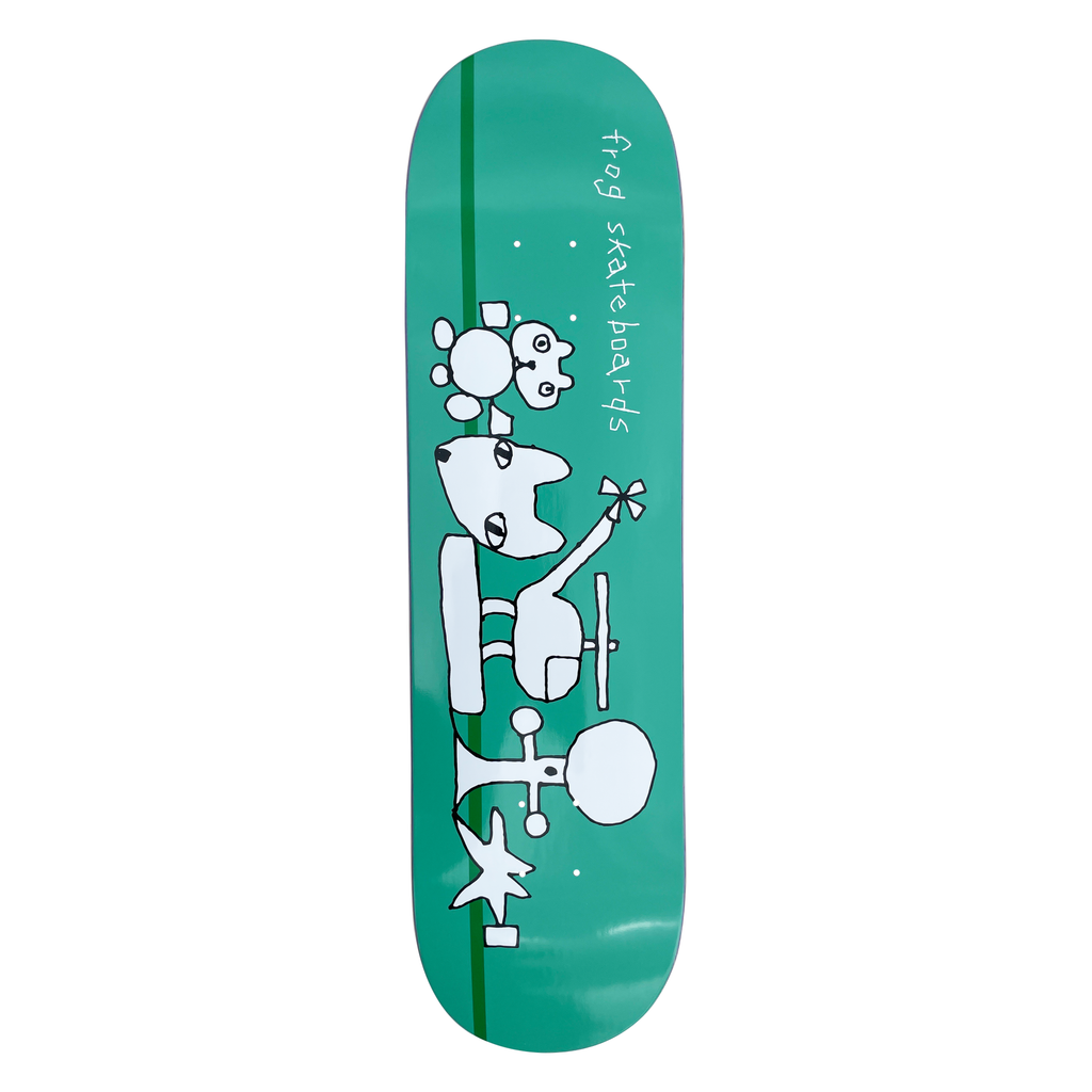 Frog Chopper skateboard deck: Teal deck with a green stripe and a childlike white line drawing of a frog, a dog-like head, a helicopter and a tree, with handwritten 'frog skateboards' lettering.