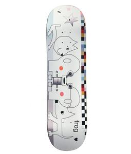Frog Computer 8.25 skateboard deck: White deck with a line-drawn pair of animal faces mirrored around a retro computer or camera-like device, with pink cheek dots, a metallic star at the top and a colourful pixel checkerboard strip down one edge.