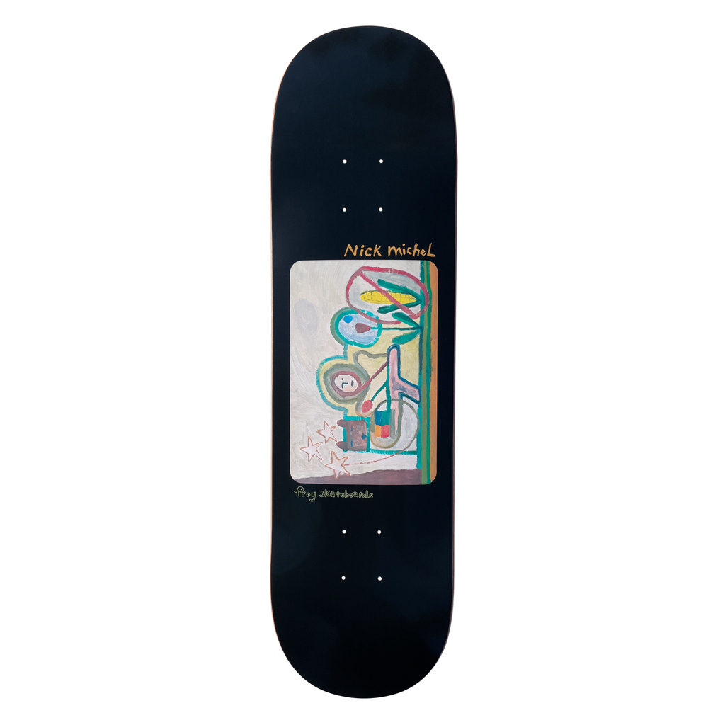 Frog Corn Free (Nick Michel) skateboard deck: Black deck with a framed naive painting of colourful abstract faces, stars, a corn cob with a prohibition sign and a saxophone-like shape. Artist name in orange script above, Frog skateboards below.