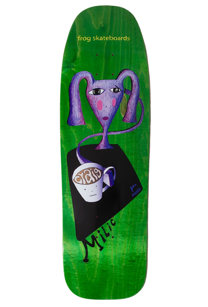 Frog Craig Milic PRO skateboard deck: A naive-style painting of a purple creature with pigtails and pink cheeks whose long neck coils down into a coffee mug with a face, set on a black square over green-stained wood.