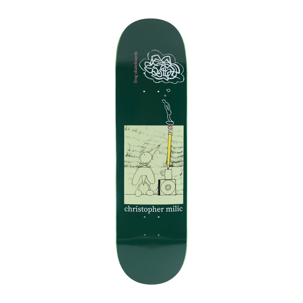 Frog Creative Block (Chris Milic) skateboard deck: Pale green framed line drawing of a long-nosed figure sitting beside a speaker while a giant pencil points up to a scribbled thought cloud, on a dark green deck. Brand and rider name in small text.