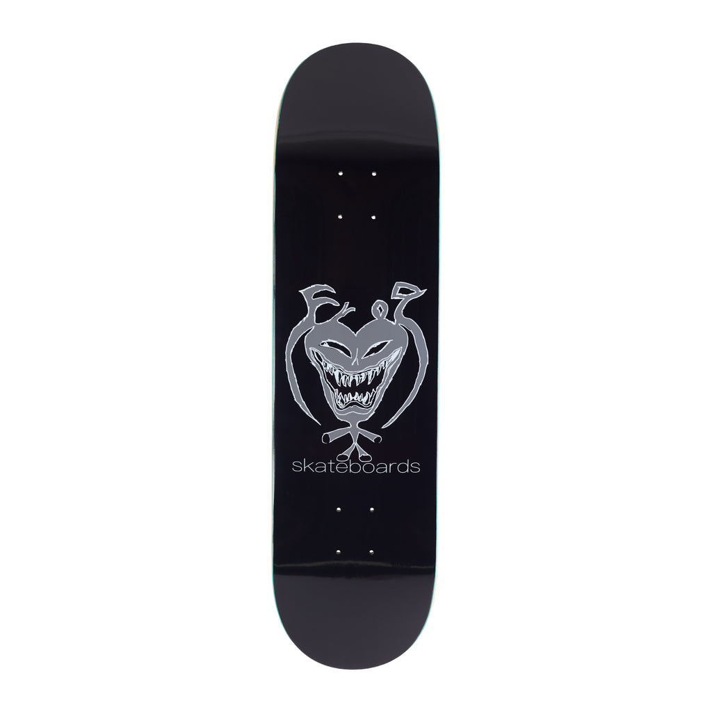 Frog Dear George 2 skateboard deck: Black deck with a grey, crudely drawn grinning demonic face with fangs and curling horns, with the word skateboards in white lettering beneath.