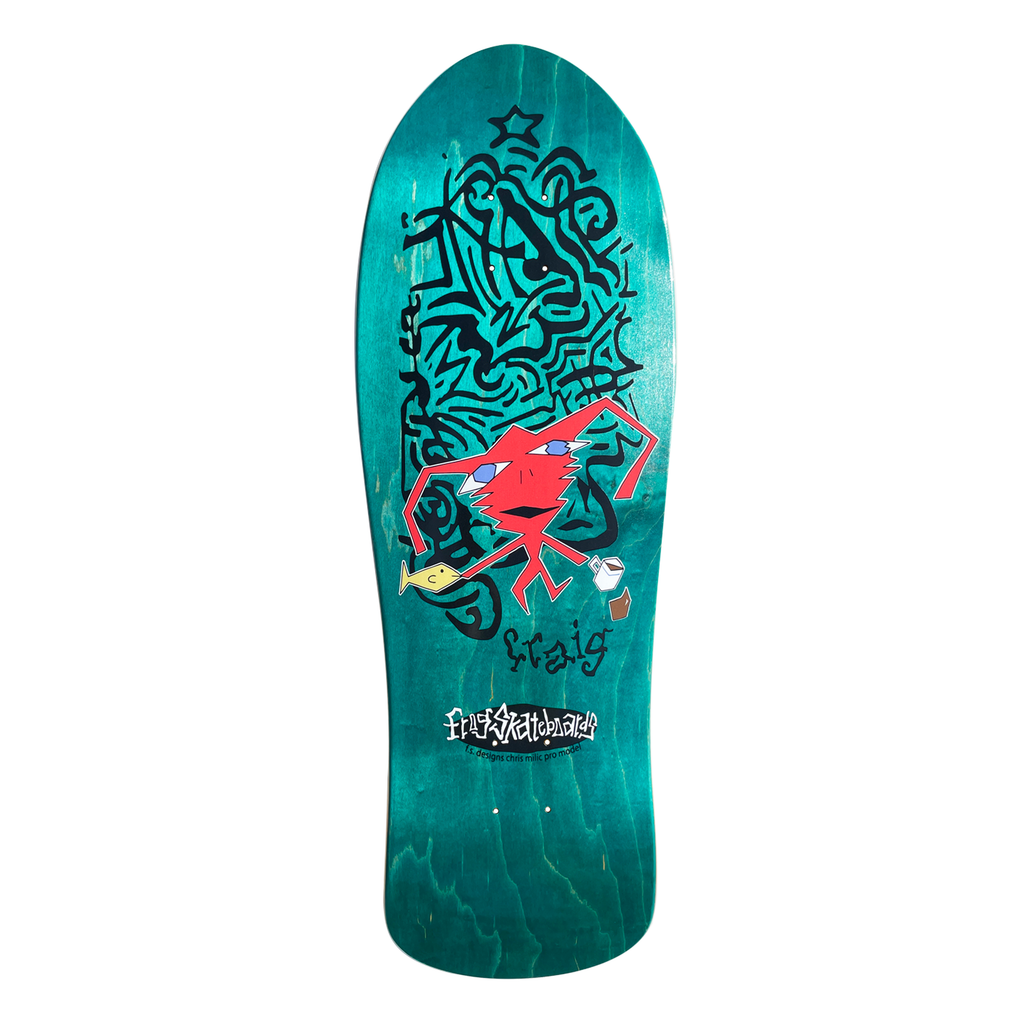Frog Delusional Craig - Milic (Various) skateboard deck: Old-school shaped deck with a dense black scribbled maze of abstract line work topped with a star, and a red stick-figure creature carrying a coffee cup and a yellow fish. Craig signature and Frog Skateboards logo at the bottom.