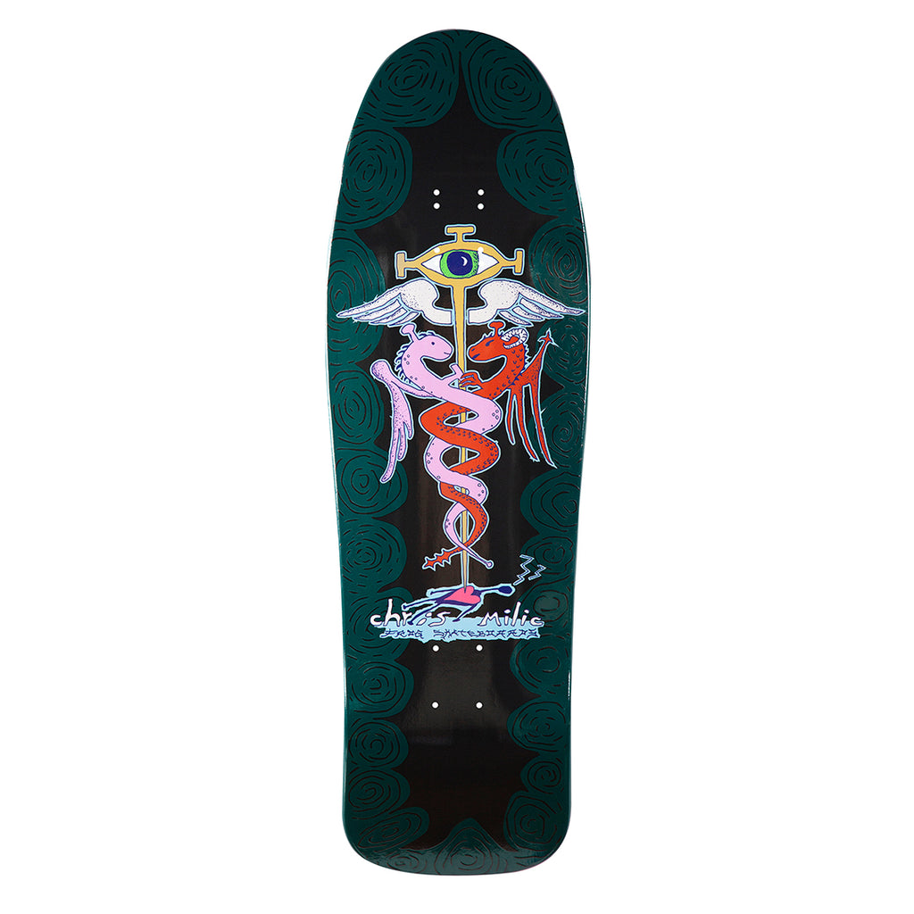 Frog Dragon Lovers - Chris Milic skateboard deck: Old-school shape deck in dark teal with swirling spiral borders. A winged caduceus topped with an eye is entwined by a pink and a red dragon, with a small skater below and a hand-lettered Chris Milic signature.