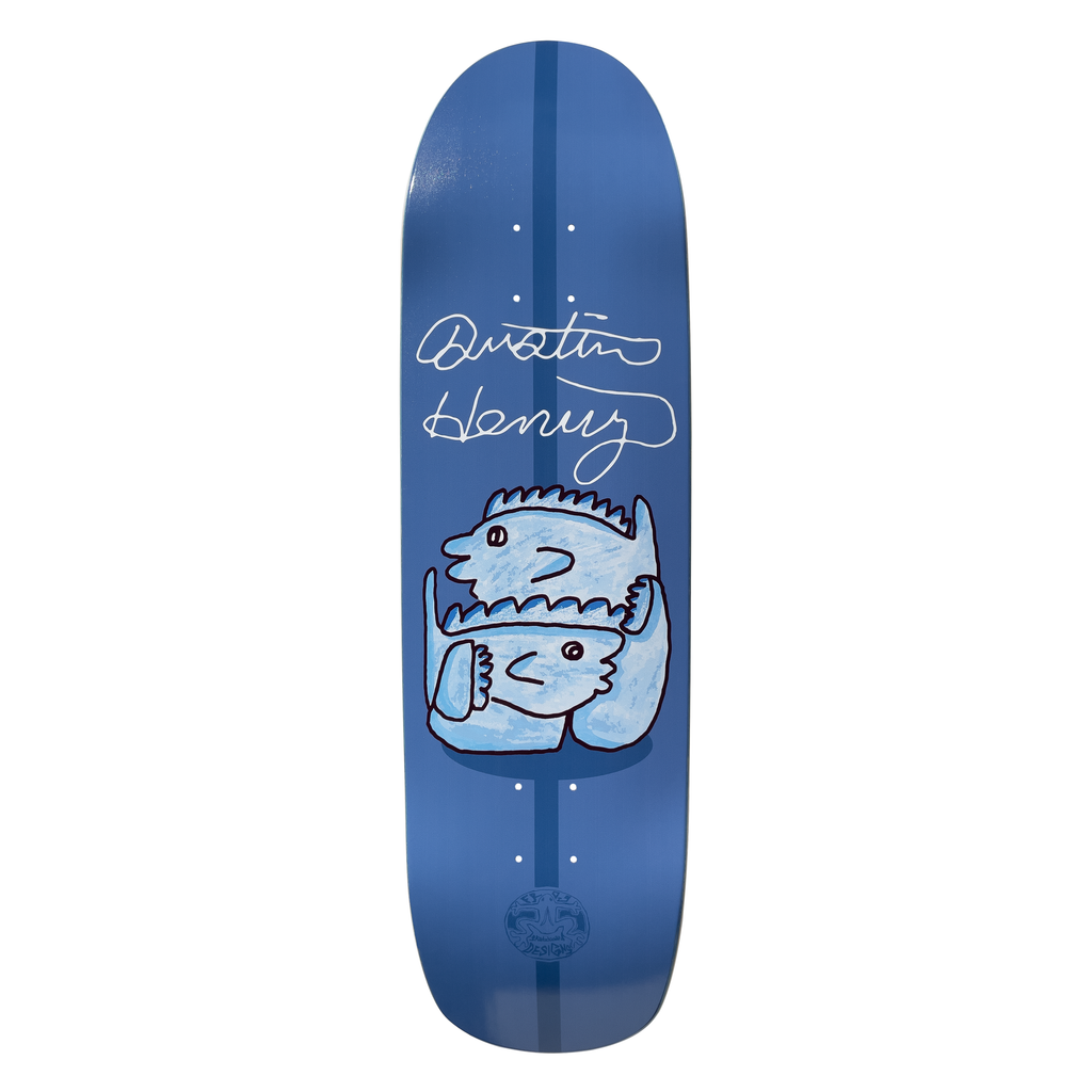 Frog Dustin Henry PRO W25 skateboard deck: Two simple pale blue fish-like faces with spiky fins, drawn in a naive style, are stacked on a blue deck with a darker stripe down the middle. A white handwritten signature reads Dustin Henry above them.