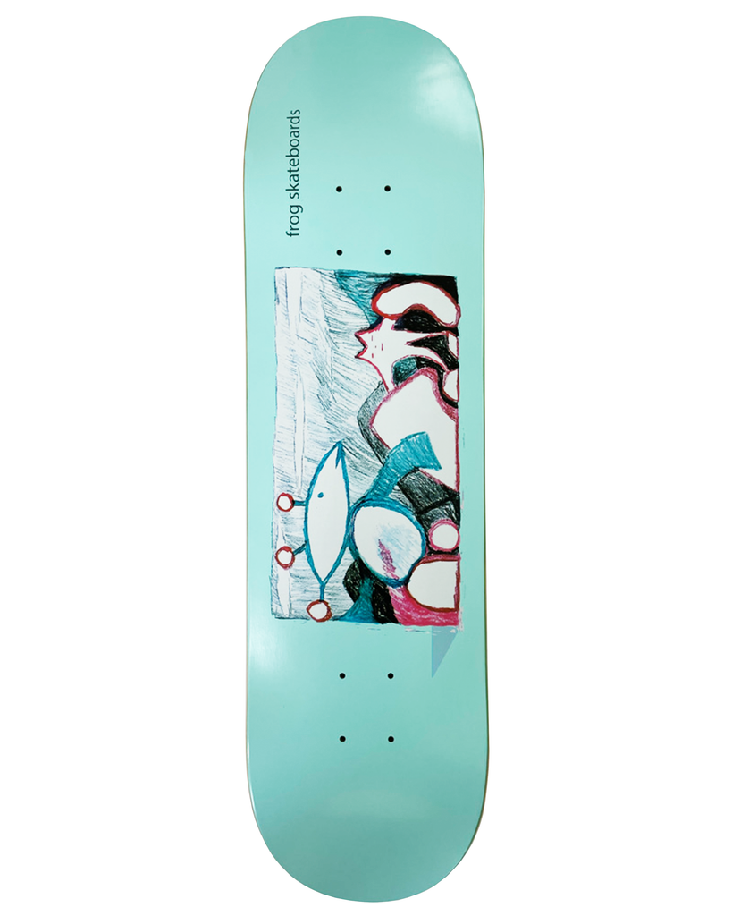 Frog Extra Help 8.25 skateboard deck: Crayon-style drawing in a rectangular panel on a pale aqua deck, showing an abstract figure with a pink-outlined black face and a blue fish-like shape with red-ringed antennae, with the brand name printed vertically above.