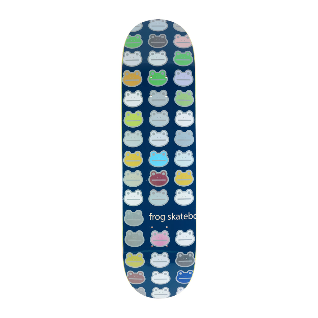 Frog Nation skateboard deck: Navy deck covered in a grid of simple frog faces in assorted pastel and bright colours, with the words frog skateboards in white, cut off by the edge near the tail.