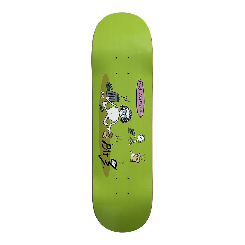 Frog Garbage Eater - Pat G (Green) skateboard deck: Naive cartoon drawing of a pale figure in glasses surrounded by bins, bones, rubbish and stinking toast, with a pink Frog Skateboards oval and scrawled Pat G on a lime green deck.