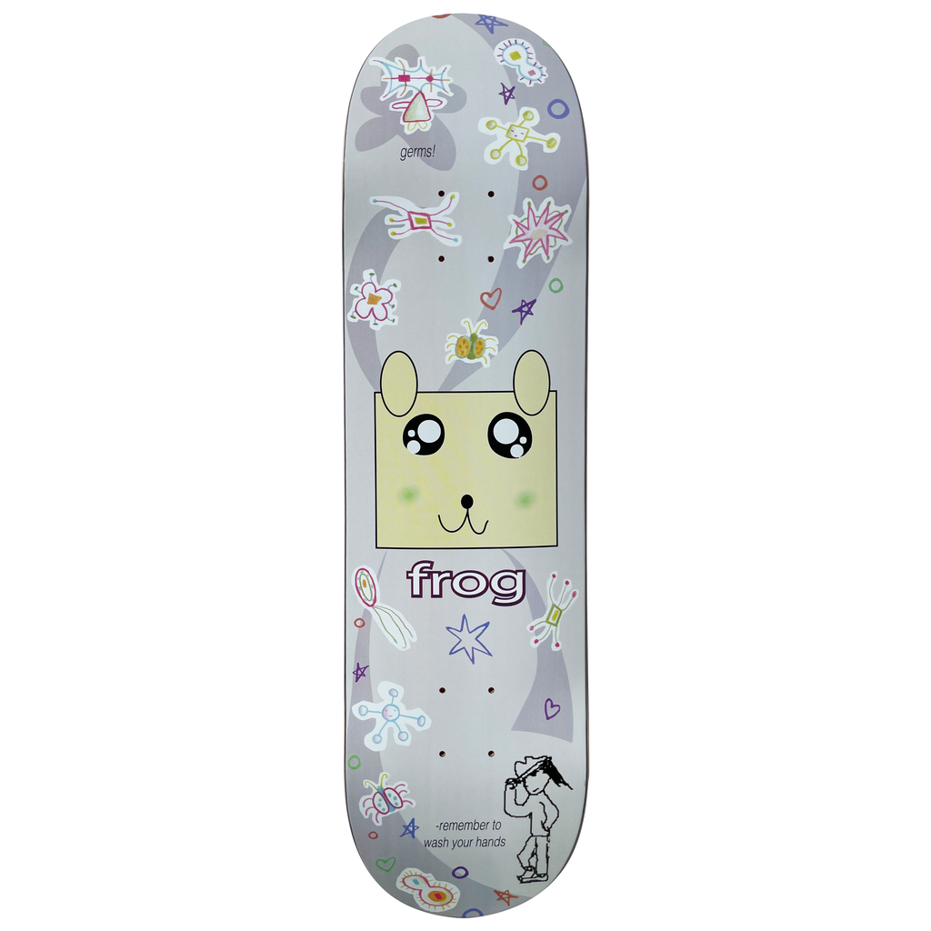Frog Germs! 8.25 skateboard deck: A cute cartoon animal face in a yellow square, surrounded by doodled germs, stars and hearts, with a small drawn figure at the bottom, on a pale grey deck. Frog logo in purple outline.