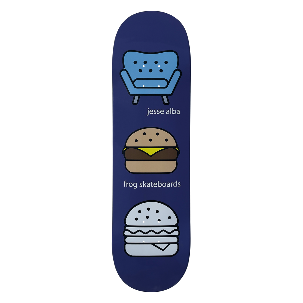 Frog Ghost Burger (Jesse Alba) skateboard deck: Three flat icon-style illustrations stacked on navy: a blue armchair, a cheeseburger and a pale grey ghost burger, with white lowercase captions between them.