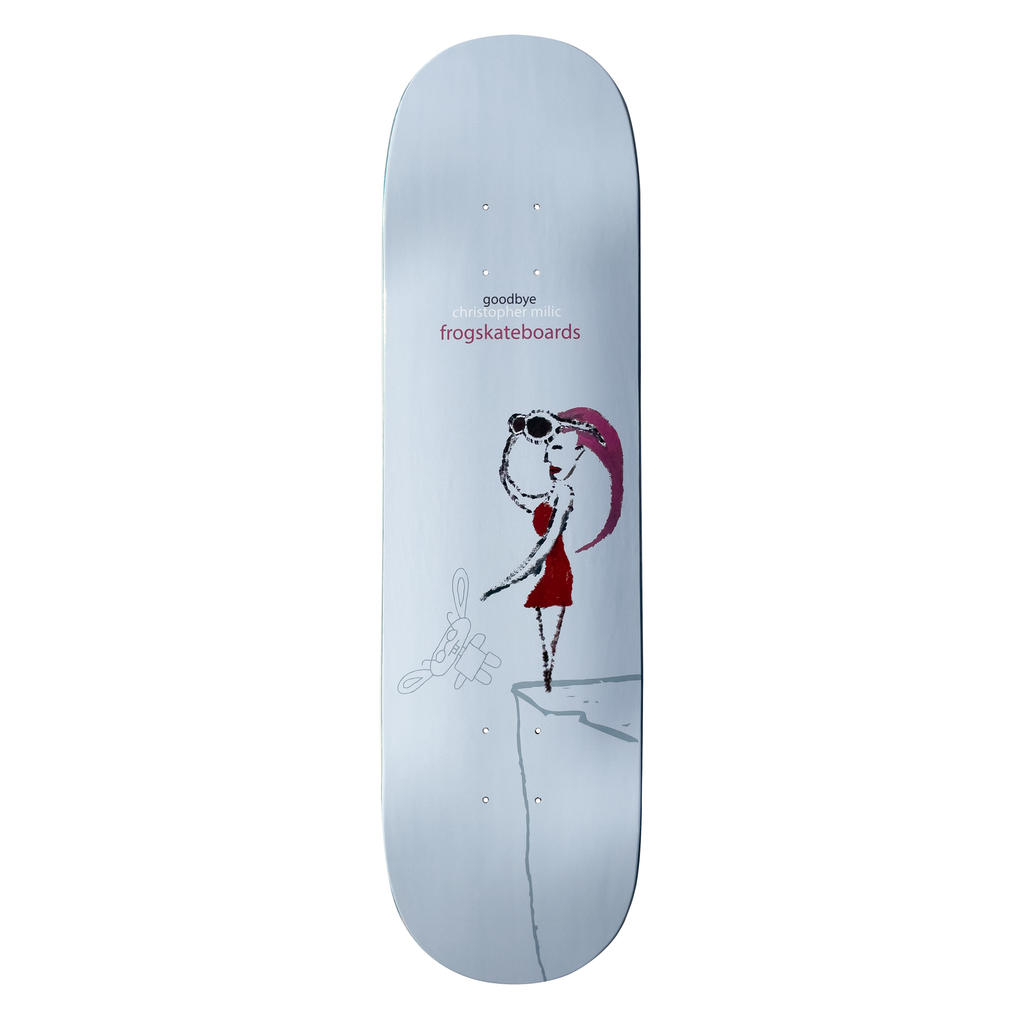 Frog Goodbye (Chis Milic) skateboard deck: A sketchy figure in a red dress with a pink ponytail and sunglasses stands at a cliff edge, a faint outline of a toy rabbit lying nearby. Small text at the top names the skater and brand, on pale grey-blue.