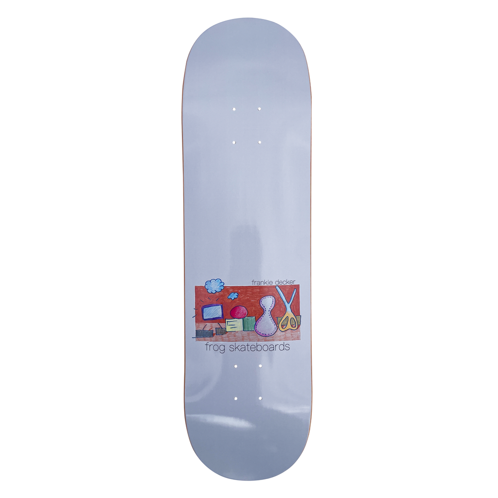 Frog Indoor Voices (Frankie Decker) skateboard deck: A small crayon-style drawing on a red panel shows a television, a ball, books, a scissors and a stitched hourglass shape, with a cloud above. It sits low on a plain pale grey deck with small text.