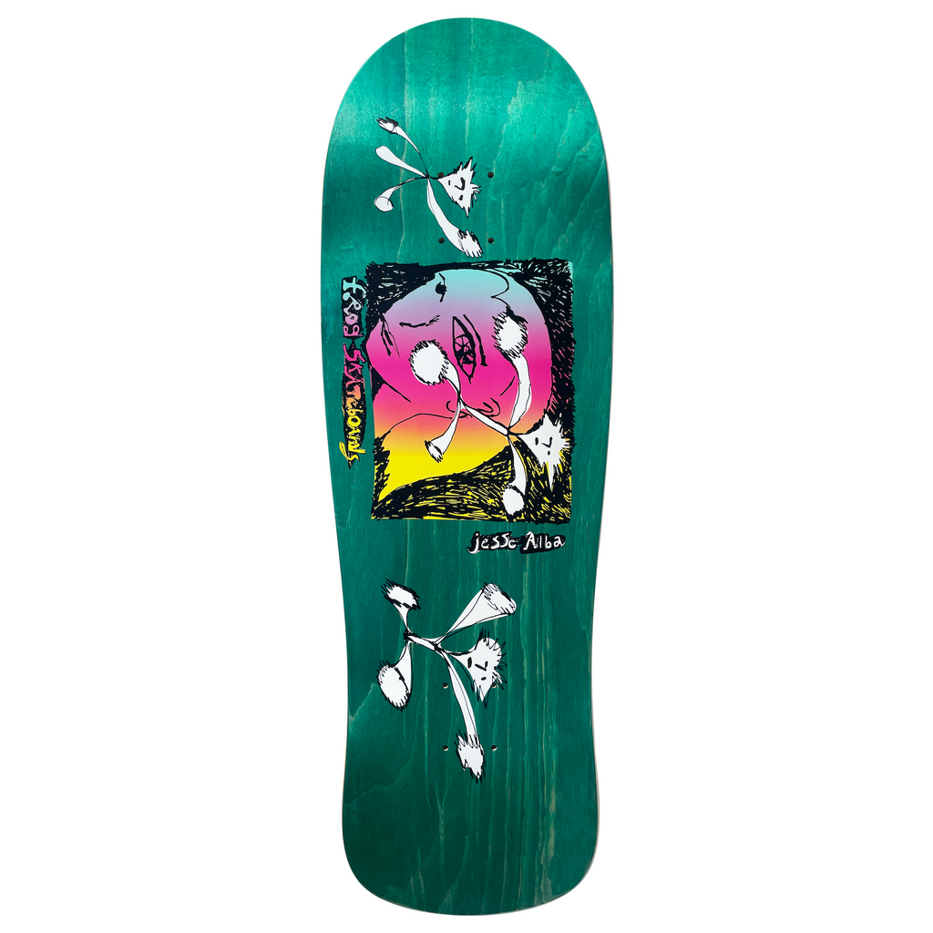 Frog Jesse Alba Pro Model 10 skateboard deck: Old-school shaped deck with a framed scribbled face in a pink to yellow gradient, with small white tufted flower or creature figures scattered above and below, and a handwritten signature.