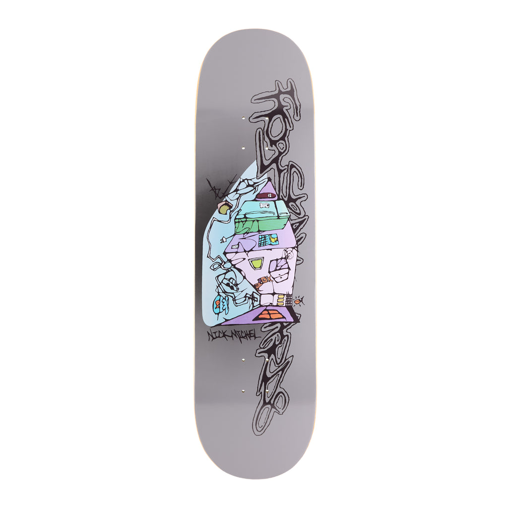 Frog Kitchen (Nick Michel) skateboard deck: Grey deck with a loose, scribbly cartoon drawing of a cutaway house with rooms in pale blue, green and purple, surrounded by wobbly black outlined lettering and a handwritten rider name.