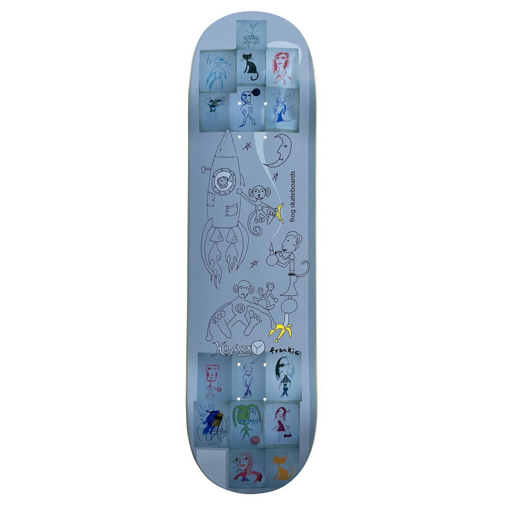 Frog Krazy Frankie Pro 8.5 skateboard deck: Naive pencil-style drawings on a pale blue deck: a rocket, a moon with a face and monkeys playing with bananas, with small framed scribbled figures and cats in grids at the nose and tail. Krazy Frankie and frog skateboards lettering.