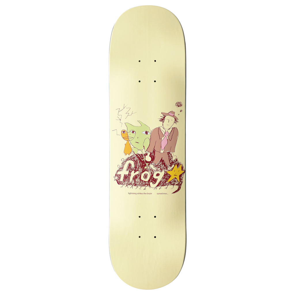 Frog Lightning Strikes The Brain, Sometimes... 8.00 skateboard deck: Childlike scribbled drawing of a green creature, an orange bird and a man in a brown suit and pink tie on a red scribble mound, with lightning marks and a star, on a pale yellow deck.